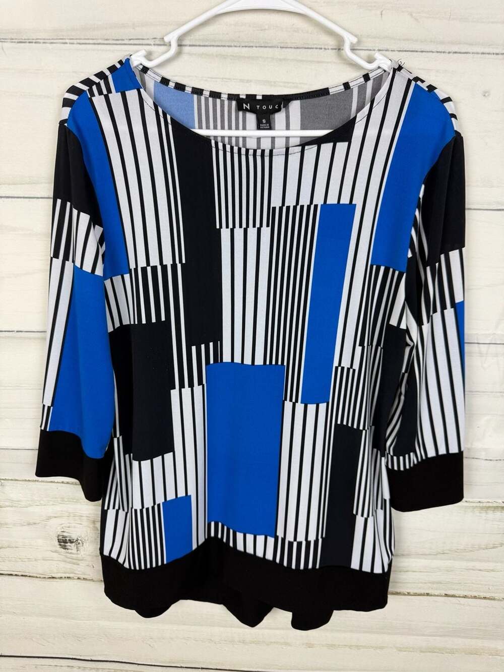 N Touch Blue Black White Geometric Striped 3/4 Sleeve Top Size S